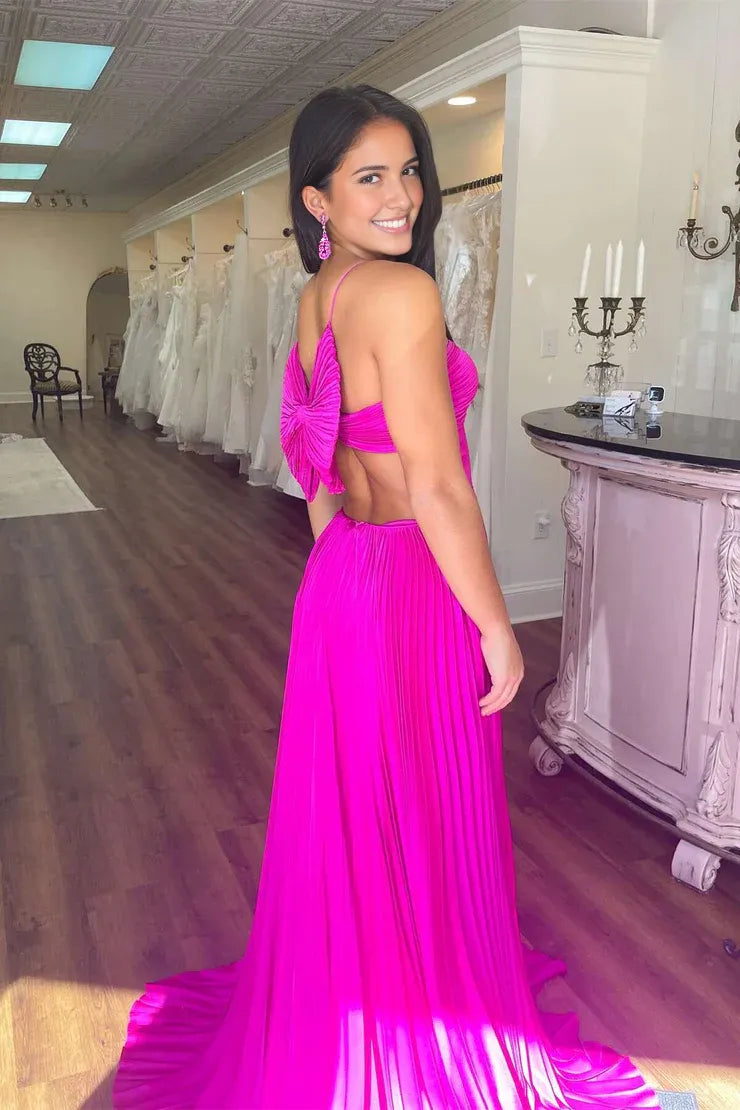 Robe Weitese mignonne trapèze à bretelles spaghetti bleu roi en satin plissé longue robe de bal robe formelle avec nœud